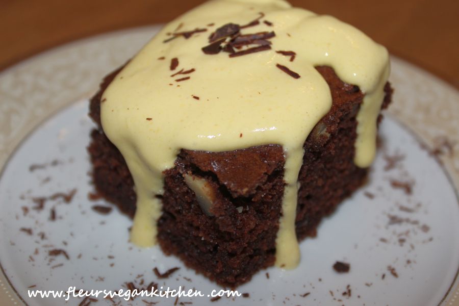 Brownie topped with mango mousse